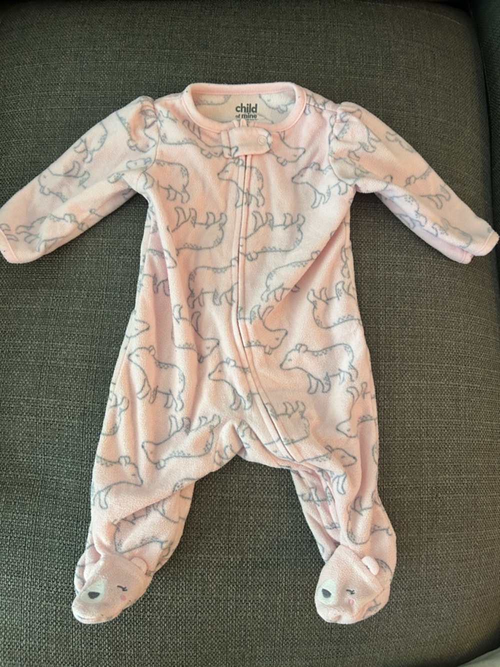 child of mine  by carters Pink Footed Fleece Sleeper with Gray Bear Print